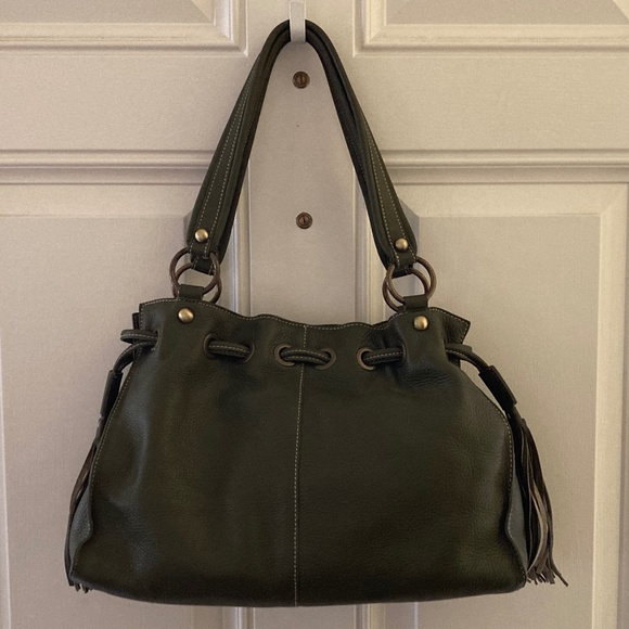 Nordstrom Olive Green Genuine Pebble Leather Double Handle Satchel/TasselsNWOT - Picture 1 of 8